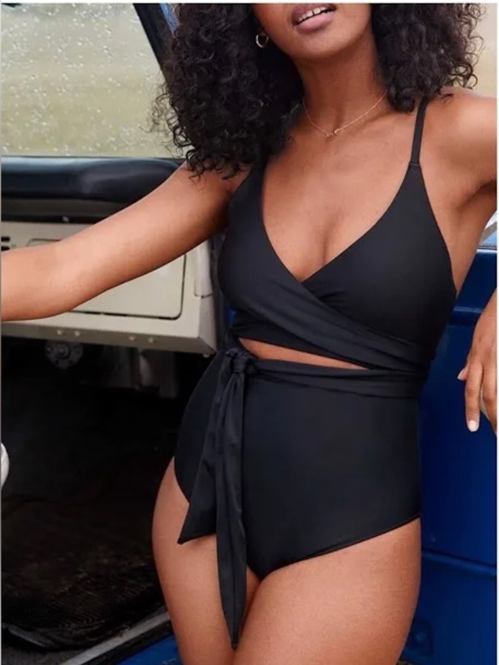 Aerie Full coverage Black Wrap One-Piece Swimsuit size L NWT